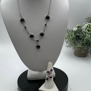 Sterling Silver 925 Semi Precious Stone Garnet Y Necklace and Ring Set Sz 8